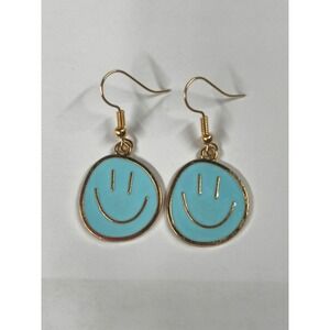 Light Blue Smiley Face Enamel Drop Earrings Gold Tone Happy Face Jewelry
